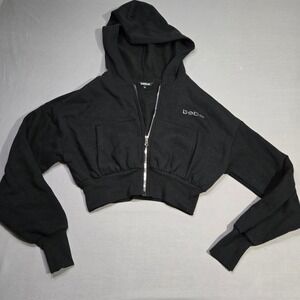 Y2K Bebe Cropped Zip Up Hoodie Medium Black Rhinestone Logo